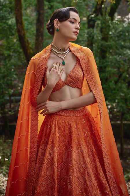 Buy Varun Chakkilam Orange Organza Sequins, Beads Sunset Bahar Jaal Embroidered Lehenga Set Online at Aza Fashions Buy_Varun Chakkilam_Orange Organza Sequins, Beads Sunset Bahar Jaal Embroidered Lehenga Set _Online_at_Aza_Fashions