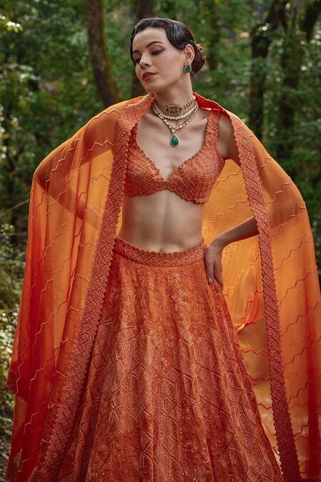 Shop Varun Chakkilam Orange Organza Sequins, Beads Sunset Bahar Jaal Embroidered Lehenga Set Online at Aza Fashions Shop_Varun Chakkilam_Orange Organza Sequins, Beads Sunset Bahar Jaal Embroidered Lehenga Set _Online_at_Aza_Fashions