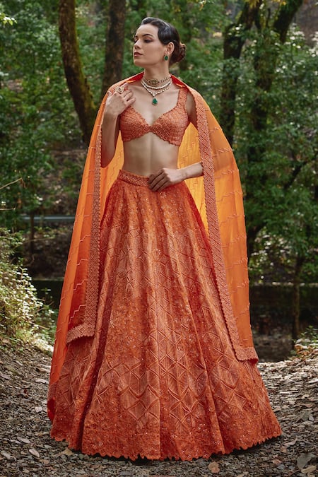 Shop Varun Chakkilam Orange Organza Sequins, Beads Sunset Bahar Jaal Embroidered Lehenga Set at Aza Fashions Shop_Varun Chakkilam_Orange Organza Sequins, Beads Sunset Bahar Jaal Embroidered Lehenga Set _at_Aza_Fashions