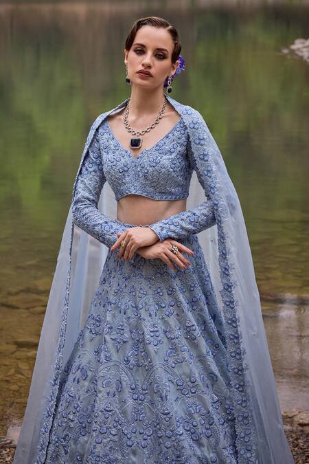 Varun Chakkilam_Blue Organza Sequins, Beads, Embroidery V-neck Sky Soire Blossom Lehenga Set _Online_at_Aza_Fashions