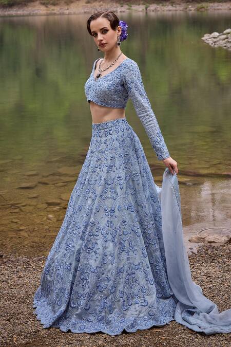 Buy_Varun Chakkilam_Blue Organza Sequins, Beads, Embroidery V-neck Sky Soire Blossom Lehenga Set _Online_at_Aza_Fashions