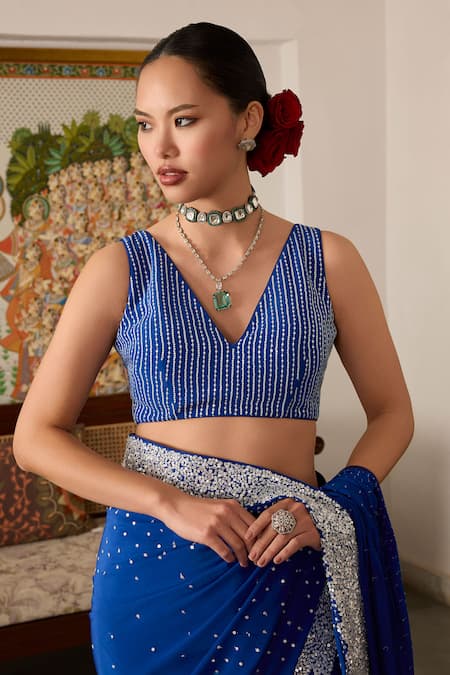 Meesa_Blue Crepe Sequins, Tassels V-neck Embroidered Saree And Blouse _Online_at_Aza_Fashions