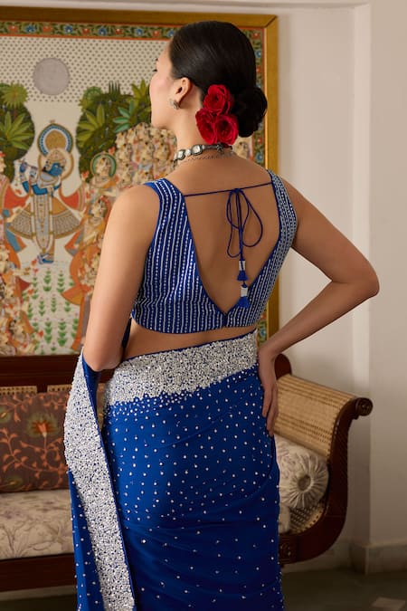 Shop_Meesa_Blue Crepe Sequins, Tassels V-neck Embroidered Saree And Blouse _at_Aza_Fashions
