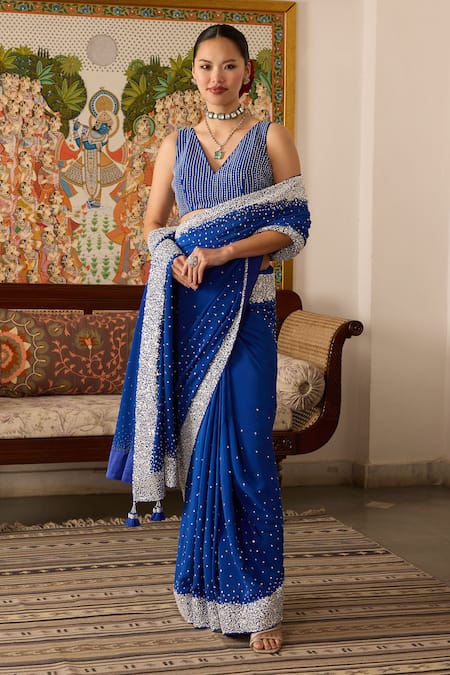 Meesa Sequin Embroidered Blue Saree & Blouse 