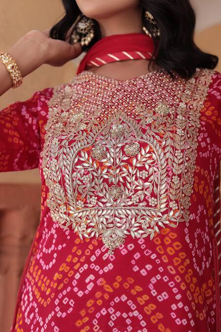 Buy Samyukta Singhania Red Georgette, Silk Gota Patti, Pearls Bandhej Print Embroidered Kurta Set Online at Aza Fashions Buy_Samyukta Singhania_Red Georgette, Silk Gota Patti, Pearls Bandhej Print Embroidered Kurta Set_Online_at_Aza_Fashions