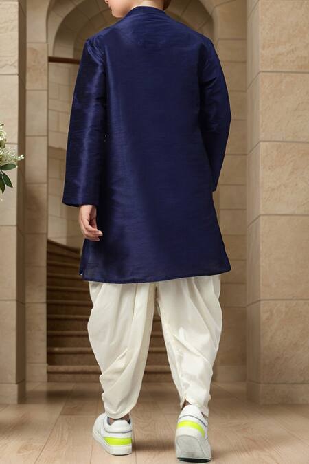 Shop_Petite Pomme_Blue Silk, Cotton Angarkha Kurta Set With Dhoti _at_Aza_Fashions