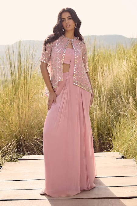 Labelmayaa Mirror Embroidered Cape Pre-Draped Saree Set 