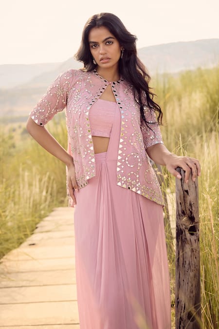 Labelmayaa_Purple Silk, Organza, Georgette Mirrors, Embroidery Cape Pre-draped Saree Set _Online_at_Aza_Fashions