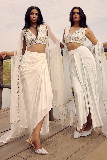 Labelmayaa_Ivory Silk, Crepe Mirrors, Embroidery V-neck Cape Dhoti Skirt Set _Online_at_Aza_Fashions