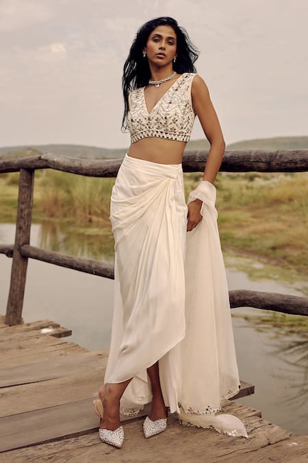 Buy_Labelmayaa_Ivory Silk, Crepe Mirrors, Embroidery V-neck Cape Dhoti Skirt Set _Online_at_Aza_Fashions