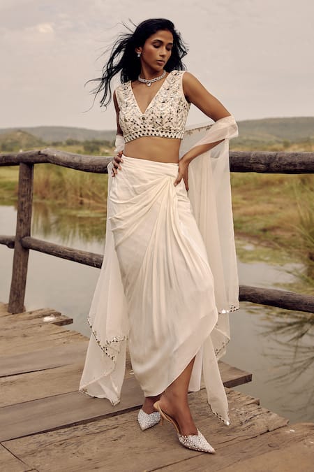 Shop_Labelmayaa_Ivory Silk, Crepe Mirrors, Embroidery V-neck Cape Dhoti Skirt Set _Online_at_Aza_Fashions