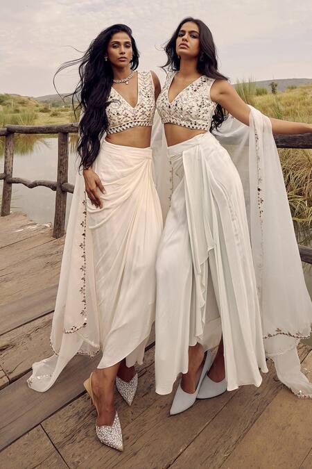 Labelmayaa_Blue Silk, Crepe, Organza Mirrors, Embroidery V-neck Cape Dhoti Skirt Set _Online_at_Aza_Fashions