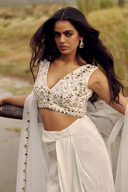 Buy_Labelmayaa_Blue Silk, Crepe, Organza Mirrors, Embroidery V-neck Cape Dhoti Skirt Set _Online_at_Aza_Fashions