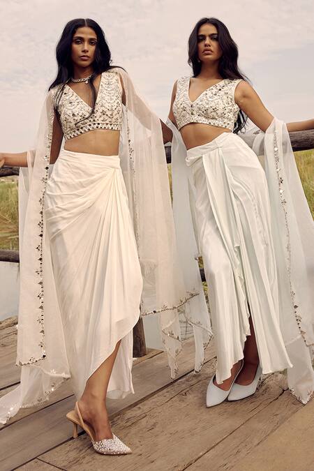 Shop_Labelmayaa_Blue Silk, Crepe, Organza Mirrors, Embroidery V-neck Cape Dhoti Skirt Set _Online_at_Aza_Fashions
