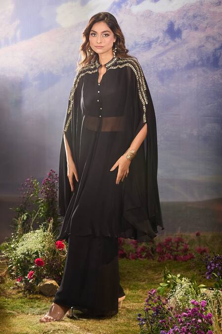 Aariyana Couture Black Georgette Sequins, Beads Embellished Layered Cape And Flared Pant Online at Aza Fashions Aariyana Couture_Black Georgette Sequins, Beads Embellished Layered Cape And Flared Pant _Online_at_Aza_Fashions