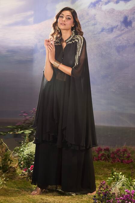 Buy Aariyana Couture Black Georgette Sequins, Beads Embellished Layered Cape And Flared Pant Buy_Aariyana Couture_Black Georgette Sequins, Beads Embellished Layered Cape And Flared Pant