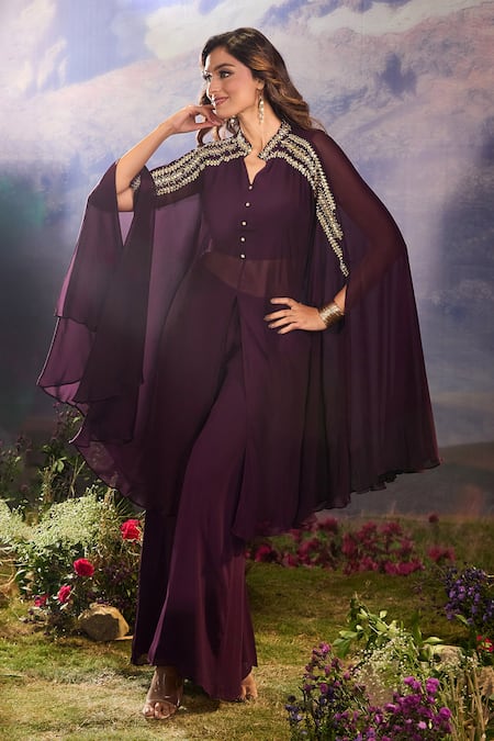 Ariyana By Aza Wine Sequin Embellished Layered Cape & Pant Set 