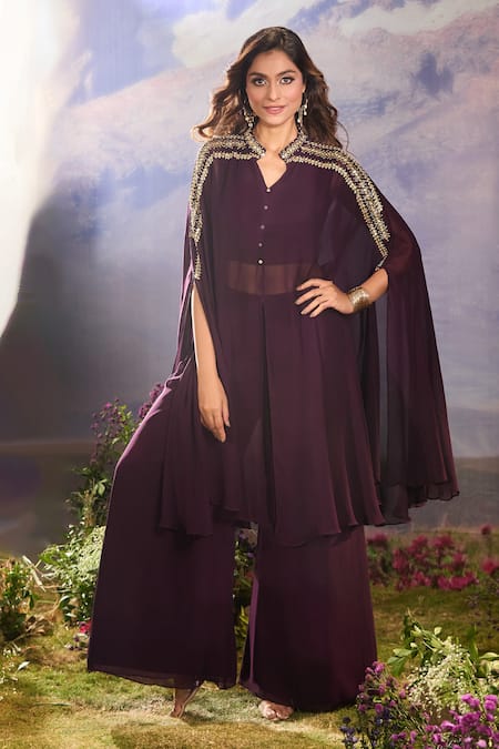 Buy Aariyana Couture Wine Georgette Sequin Embellished Layered Cape And Pant Set Buy_Aariyana Couture_Wine Georgette Sequin Embellished Layered Cape And Pant Set