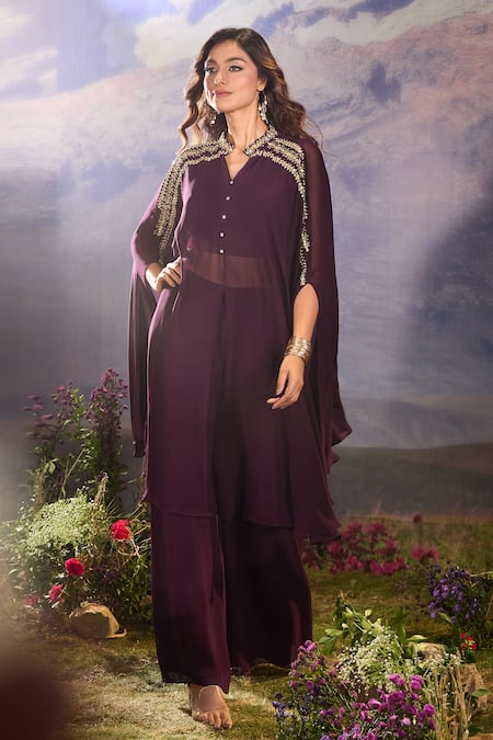 Shop Aariyana Couture Wine Georgette Sequin Embellished Layered Cape And Pant Set Shop_Aariyana Couture_Wine Georgette Sequin Embellished Layered Cape And Pant Set