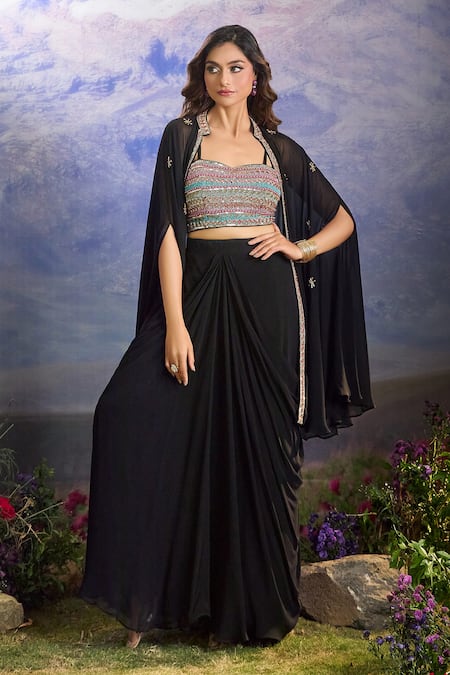 Buy_Aariyana Couture_Black Georgette Sequins, Beads, Zari Floral Embroidered Cape Draped Skirt Set _Online_at_Aza_Fashions