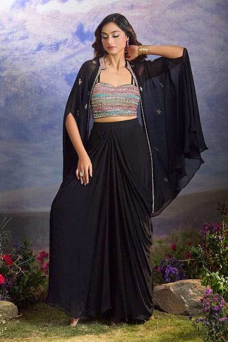 Shop_Aariyana Couture_Black Georgette Sequins, Beads, Zari Floral Embroidered Cape Draped Skirt Set _Online_at_Aza_Fashions
