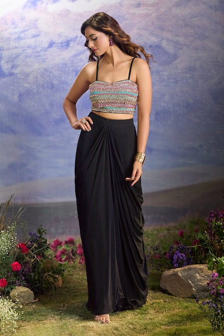 Buy_Aariyana Couture_Black Georgette Sequins, Beads, Zari Floral Embroidered Cape Draped Skirt Set 