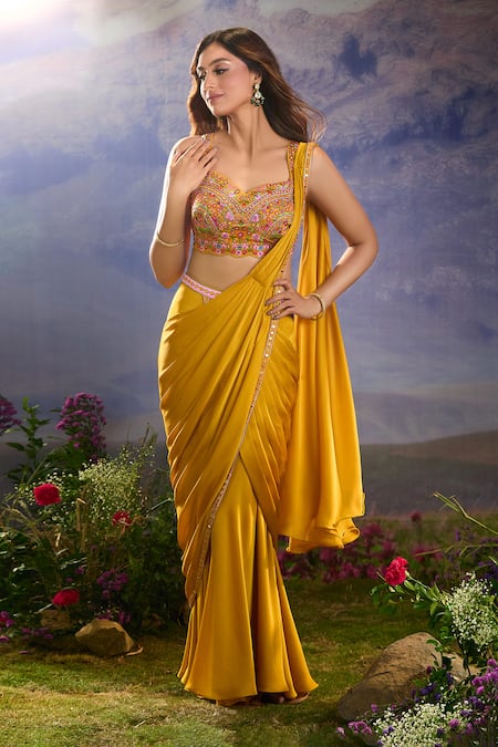 Aariyana Couture_Yellow Chiffon Sequins, Mirrors, Embroidery Pre-draped Pant Saree With Blouse _Online_at_Aza_Fashions