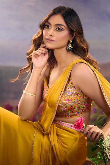 Shop_Aariyana Couture_Yellow Chiffon Sequins, Mirrors, Embroidery Pre-draped Pant Saree With Blouse _Online_at_Aza_Fashions