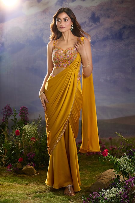 Shop_Aariyana Couture_Yellow Chiffon Sequins, Mirrors, Embroidery Pre-draped Pant Saree With Blouse 