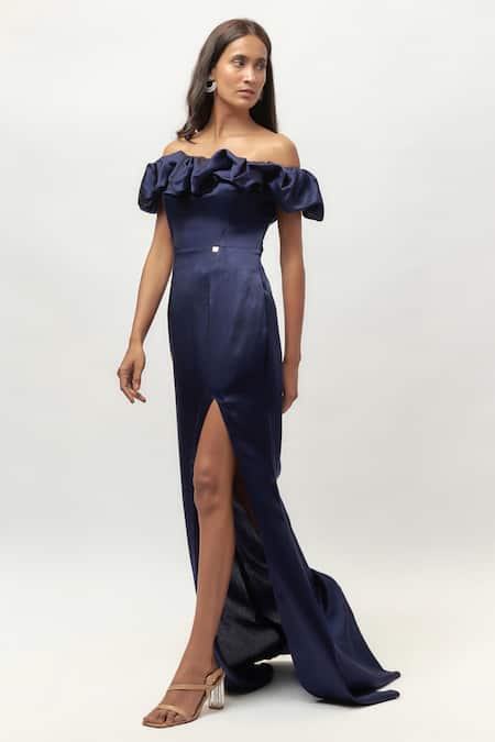 Shop Emblaze Blue Silk Off-shoulder Navy Ruffled Off Gown Online at Aza Fashions Shop_Emblaze_Blue Silk Off-shoulder Navy Ruffled Off Gown _Online_at_Aza_Fashions