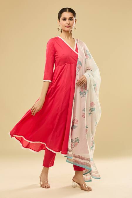Shop Naintara Bajaj Pink Cotton Embroidery V-neck Angrakha Anarkali Set With Dupatta Online at Aza Fashions Shop_Naintara Bajaj_Pink Cotton Embroidery V-neck Angrakha Anarkali Set With Dupatta _Online_at_Aza_Fashions