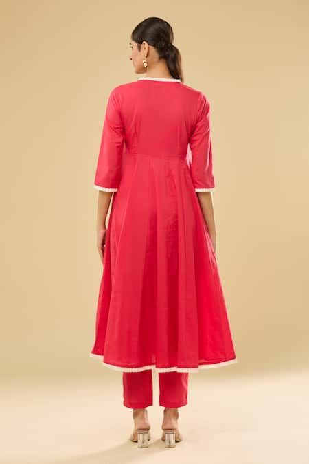 Shop Naintara Bajaj Pink Cotton Embroidery V-neck Angrakha Anarkali Set With Dupatta at Aza Fashions Shop_Naintara Bajaj_Pink Cotton Embroidery V-neck Angrakha Anarkali Set With Dupatta _at_Aza_Fashions