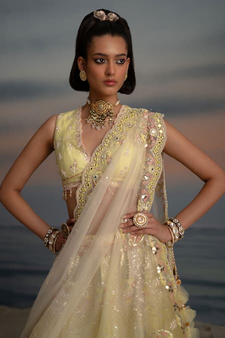 Shashank Arya Yellow Organza, Silk, Satin, Net Pearls, Floral Gota Embroidered Lehenga Set Online at Aza Fashions Shashank Arya_Yellow Organza, Silk, Satin, Net Pearls, Floral Gota Embroidered Lehenga Set _Online_at_Aza_Fashions