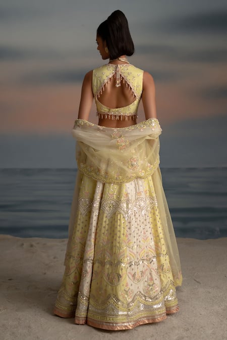 Shop Shashank Arya Yellow Organza, Silk, Satin, Net Pearls, Floral Gota Embroidered Lehenga Set at Aza Fashions Shop_Shashank Arya_Yellow Organza, Silk, Satin, Net Pearls, Floral Gota Embroidered Lehenga Set _at_Aza_Fashions