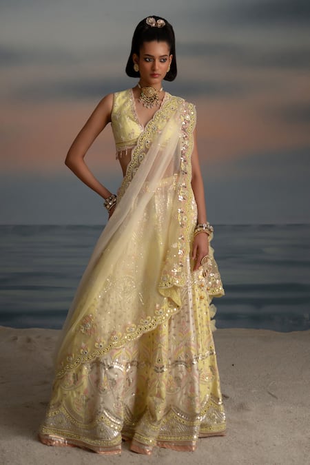 Buy Shashank Arya Yellow Organza, Silk, Satin, Net Pearls, Floral Gota Embroidered Lehenga Set Online at Aza Fashions Buy_Shashank Arya_Yellow Organza, Silk, Satin, Net Pearls, Floral Gota Embroidered Lehenga Set _Online_at_Aza_Fashions