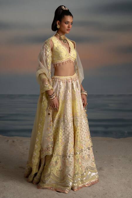 Shop Shashank Arya Yellow Organza, Silk, Satin, Net Pearls, Floral Gota Embroidered Lehenga Set Online at Aza Fashions Shop_Shashank Arya_Yellow Organza, Silk, Satin, Net Pearls, Floral Gota Embroidered Lehenga Set _Online_at_Aza_Fashions
