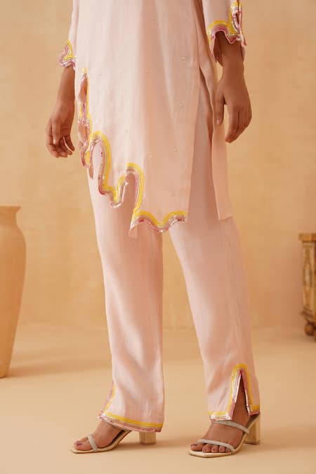 Rishika Singh Pink Chanderi Sequins Asymmetric Embellished Kurta Set Online at Aza Fashions Rishika Singh_Pink Chanderi Sequins Asymmetric Embellished Kurta Set _Online_at_Aza_Fashions