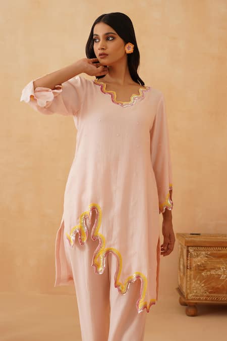Buy Rishika Singh Pink Chanderi Sequins Asymmetric Embellished Kurta Set Online at Aza Fashions Buy_Rishika Singh_Pink Chanderi Sequins Asymmetric Embellished Kurta Set _Online_at_Aza_Fashions