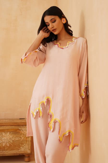 Rishika Singh Pink Chanderi Sequins Asymmetric Embellished Kurta Set at Aza Fashions Rishika Singh_Pink Chanderi Sequins Asymmetric Embellished Kurta Set _at_Aza_Fashions