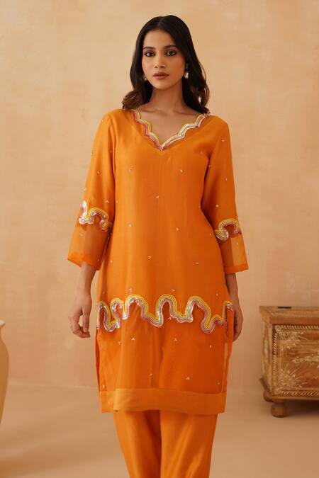 Buy Rishika Singh Orange Chanderi, Organza Sequins V-neck Wave Embroidered Kurta Pant Set Online at Aza Fashions Buy_Rishika Singh_Orange Chanderi, Organza Sequins V-neck Wave Embroidered Kurta Pant Set _Online_at_Aza_Fashions
