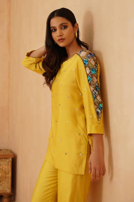 Buy Rishika Singh Yellow Cotton, Silk, Net Sequins, Embroidery Short Kurta Set With Bloom Sleeves Online at Aza Fashions Buy_Rishika Singh_Yellow Cotton, Silk, Net Sequins, Embroidery Short Kurta Set With Bloom Sleeves _Online_at_Aza_Fashions