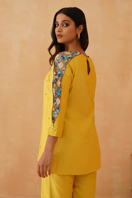 Shop Rishika Singh Yellow Cotton, Silk, Net Sequins, Embroidery Short Kurta Set With Bloom Sleeves at Aza Fashions Shop_Rishika Singh_Yellow Cotton, Silk, Net Sequins, Embroidery Short Kurta Set With Bloom Sleeves _at_Aza_Fashions