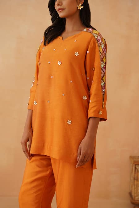 Rishika Singh_Orange Cotton, Silk, Net Embroidery Round Chitta Work Short Kurta And Pant Set _Online_at_Aza_Fashions