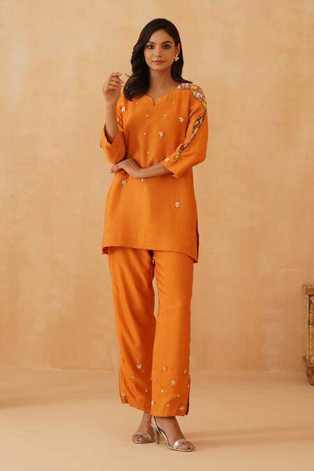 Buy_Rishika Singh_Orange Cotton, Silk, Net Embroidery Round Chitta Work Short Kurta And Pant Set _Online_at_Aza_Fashions