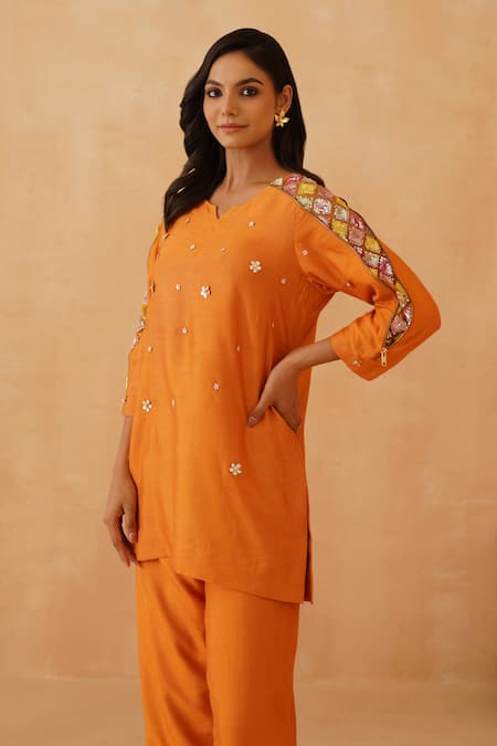 Rishika Singh_Orange Cotton, Silk, Net Embroidery Round Chitta Work Short Kurta And Pant Set _at_Aza_Fashions