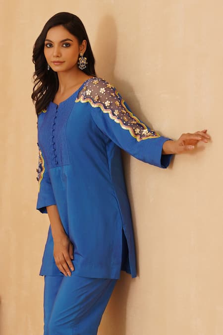 Buy_Rishika Singh_Blue Cotton, Silk, Net Embroidery Round Neck Flora Short Kurta And Pant Set _Online_at_Aza_Fashions