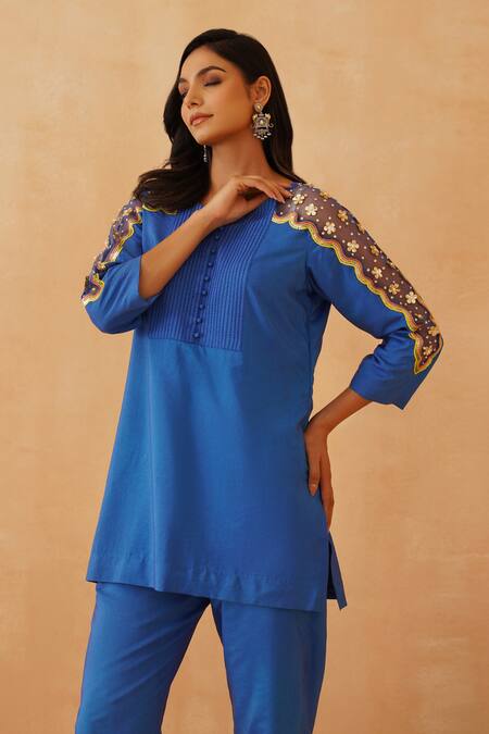 Shop_Rishika Singh_Blue Cotton, Silk, Net Embroidery Round Neck Flora Short Kurta And Pant Set _Online_at_Aza_Fashions