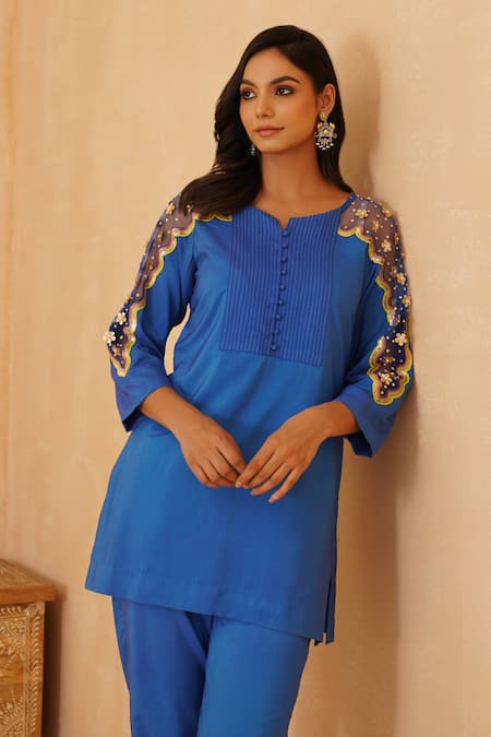 Buy_Rishika Singh_Blue Cotton, Silk, Net Embroidery Round Neck Flora Short Kurta And Pant Set 