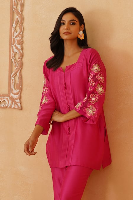 Shop Rishika Singh Pink Chanderi Beads Round Neck Floral Kurta Set Online at Aza Fashions Shop_Rishika Singh_Pink Chanderi Beads Round Neck Floral Kurta Set _Online_at_Aza_Fashions