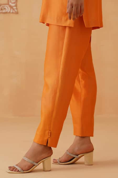 Buy_Rishika Singh_Orange Chanderi Beads Round Neck Bloom Short Kurta Set _Online_at_Aza_Fashions